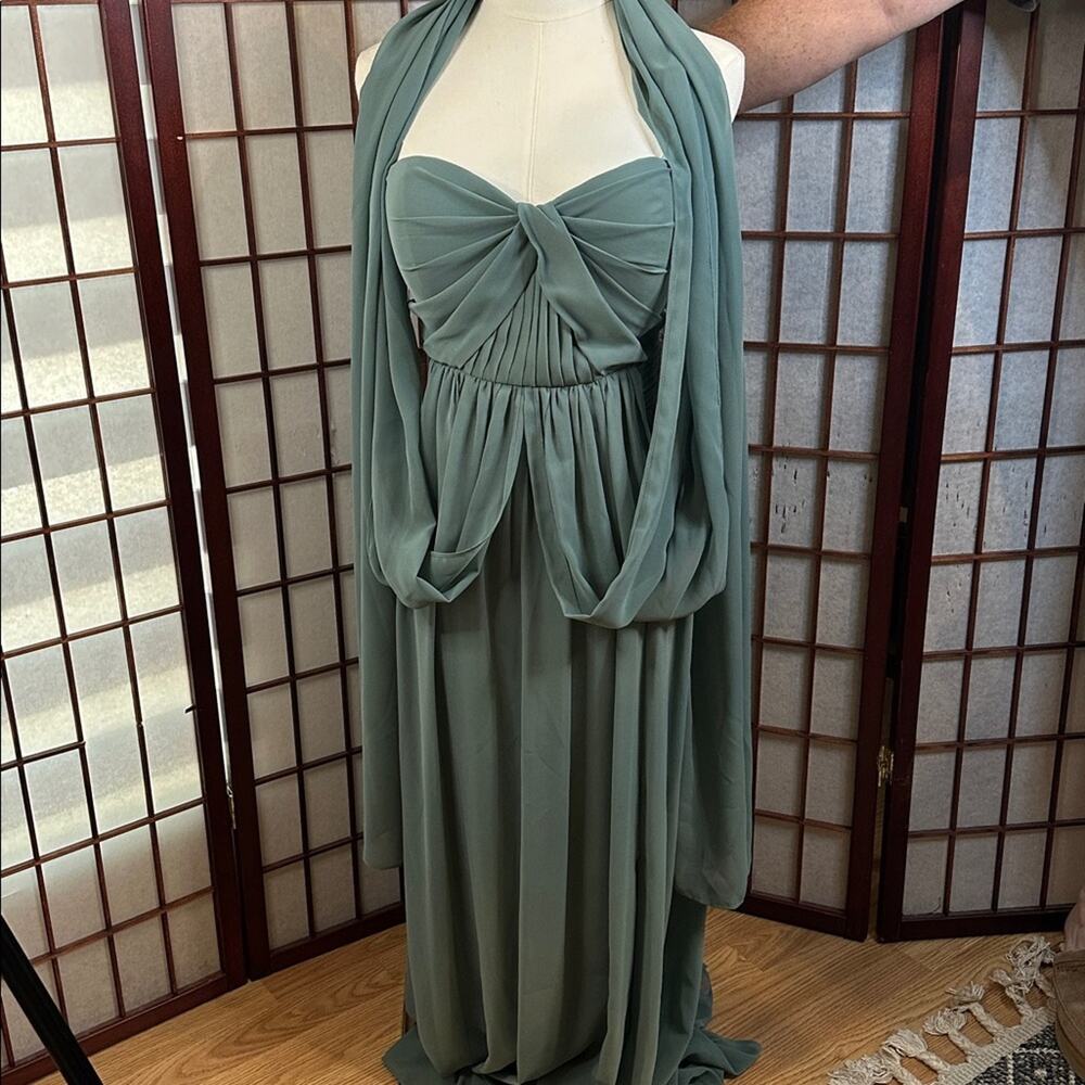 Birds Grey Elegant Strapless Green Dress with Shawl size large - Picture 2 of 9